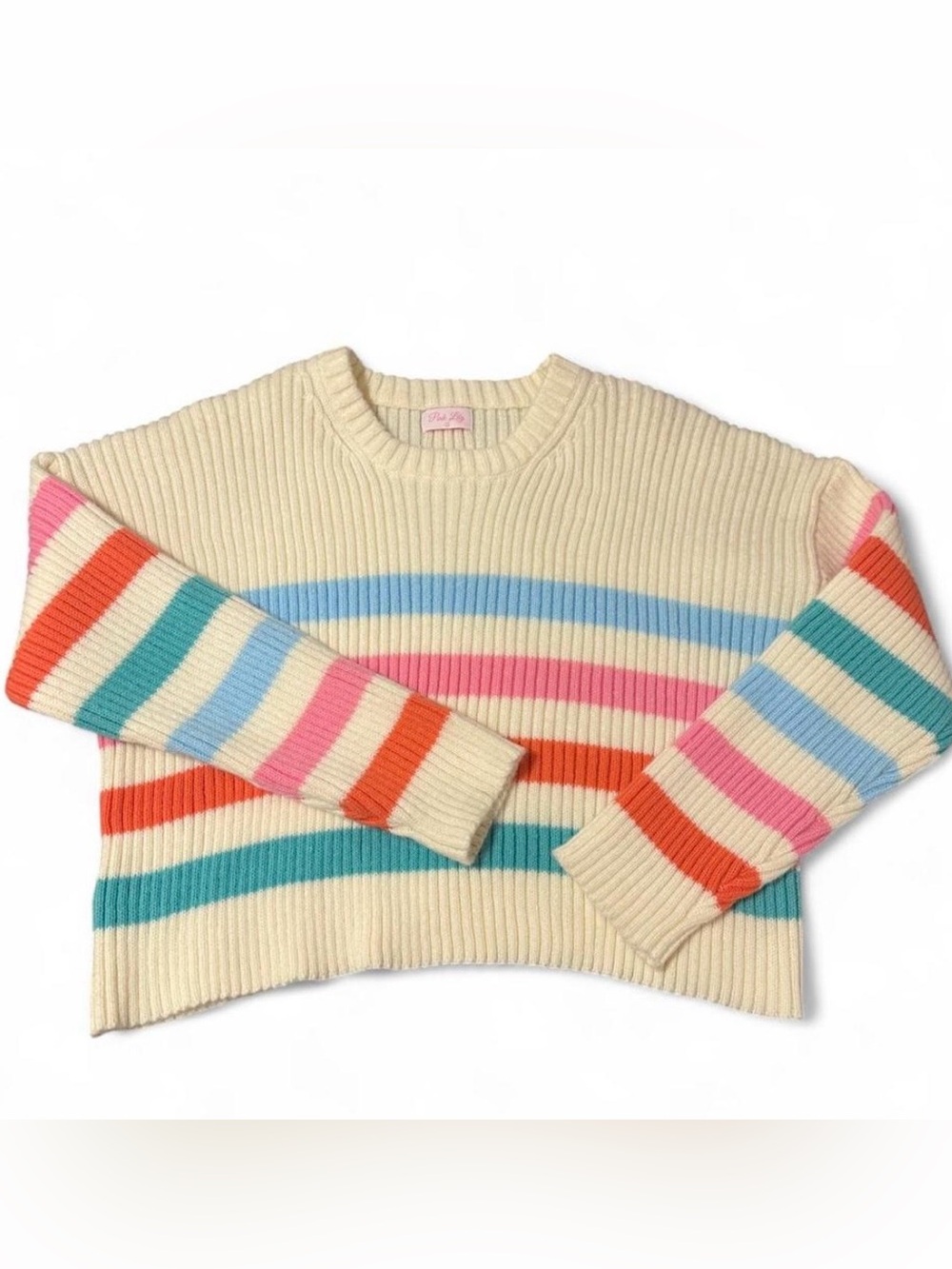 Pink Lily Cropped Knit Sweater with Colorful Stripes 🍬